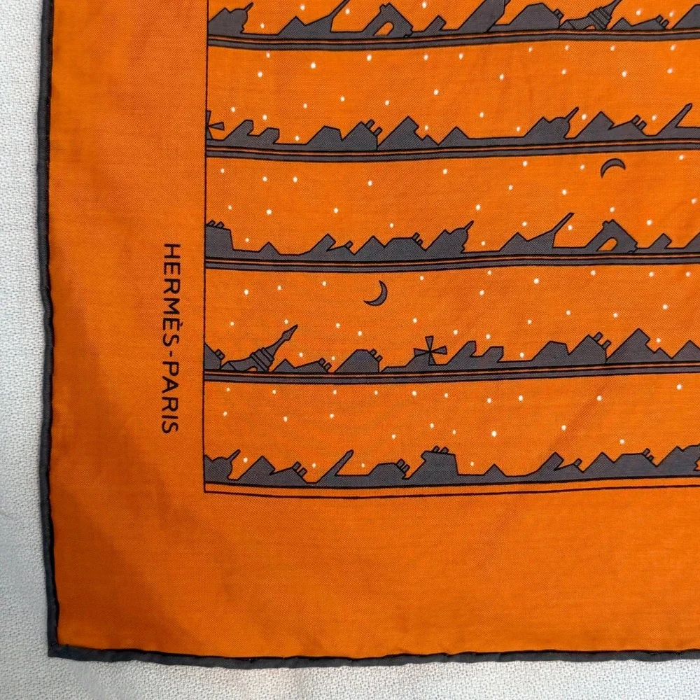 Hermes Scarf Men OS Orange Excellent Silk Paris Skyline Print